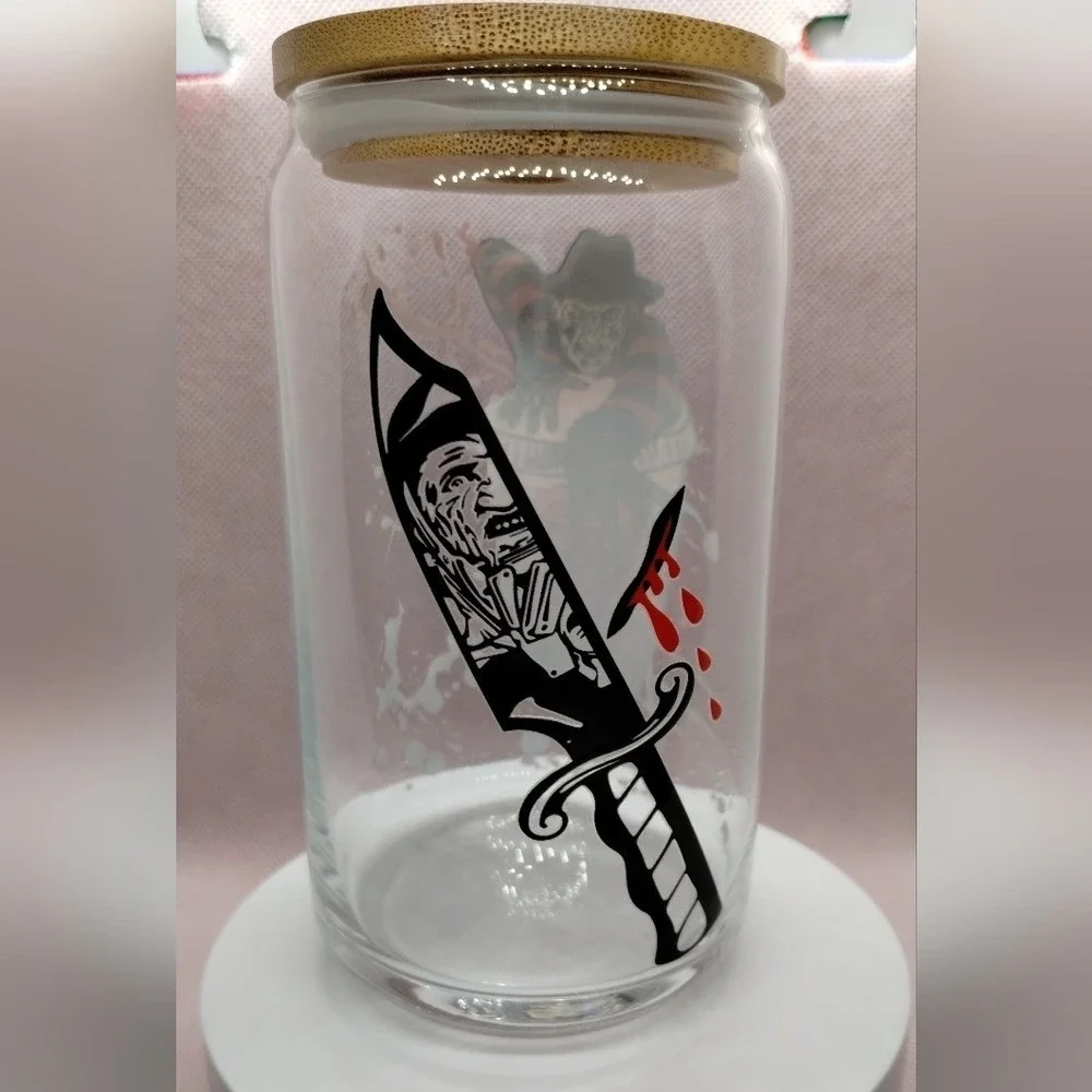 Freddy Krueger Horror 16oz Glass Can Cup Bamboo Lid Straw UV DTF Wrap Handmade
